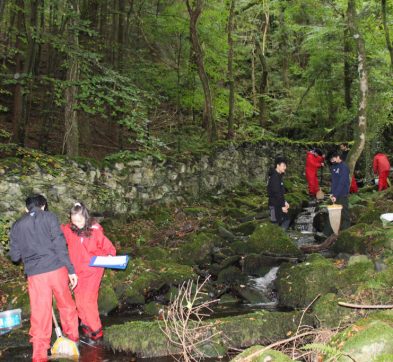 children on a field trip measuring a river